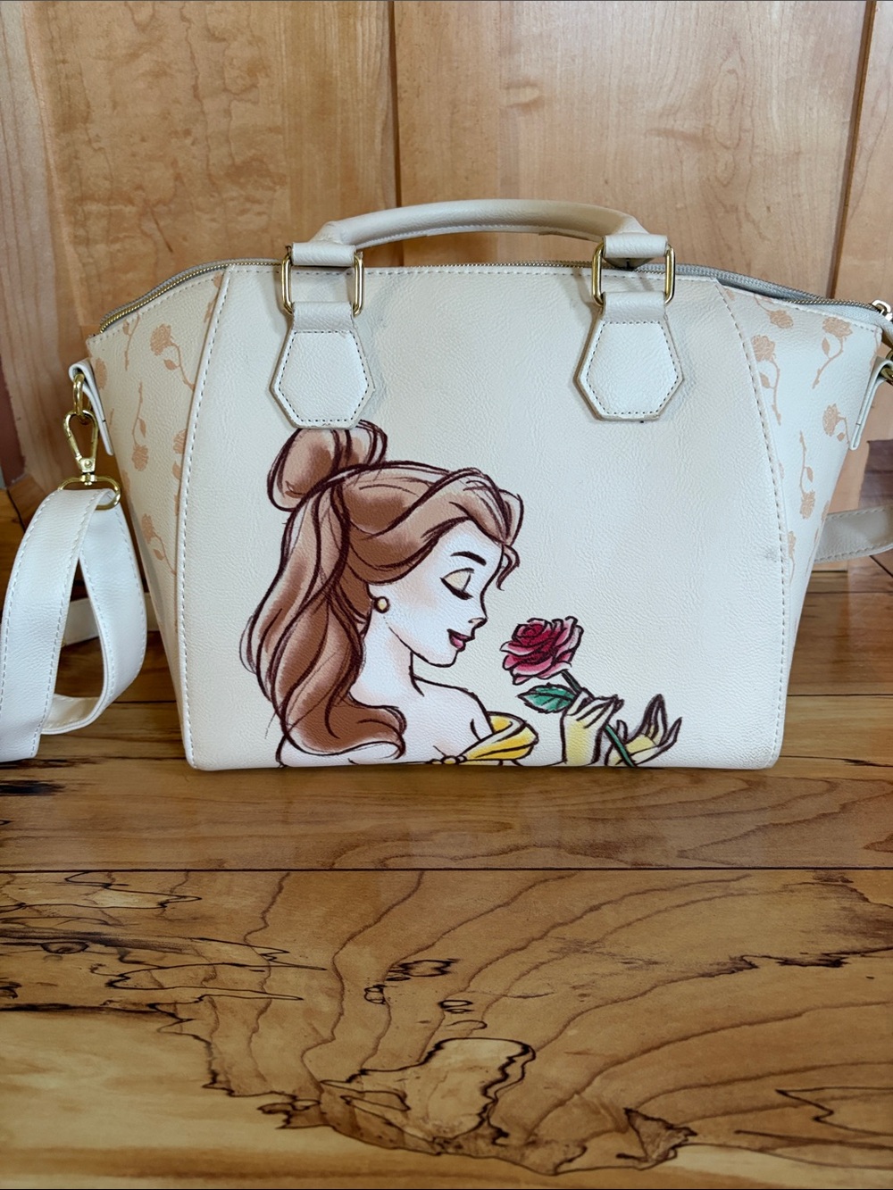 Disney Loungefly Belle cream simulated leather satchel handbag w/shoulder strap